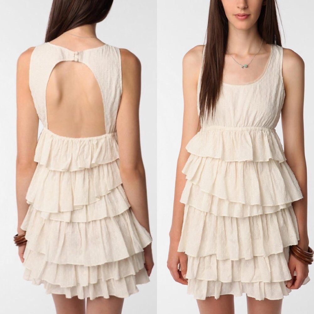 URBAN OUTFITTERS | Tiered Ruffle CutOut Back Cream Off White Sleeveless Dress